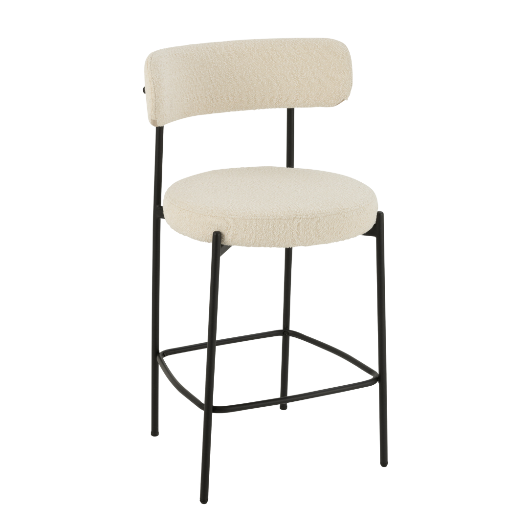 Angled view of Gelia Bar Stool with upholstered seat and backrest in light fabric and black metal frame.