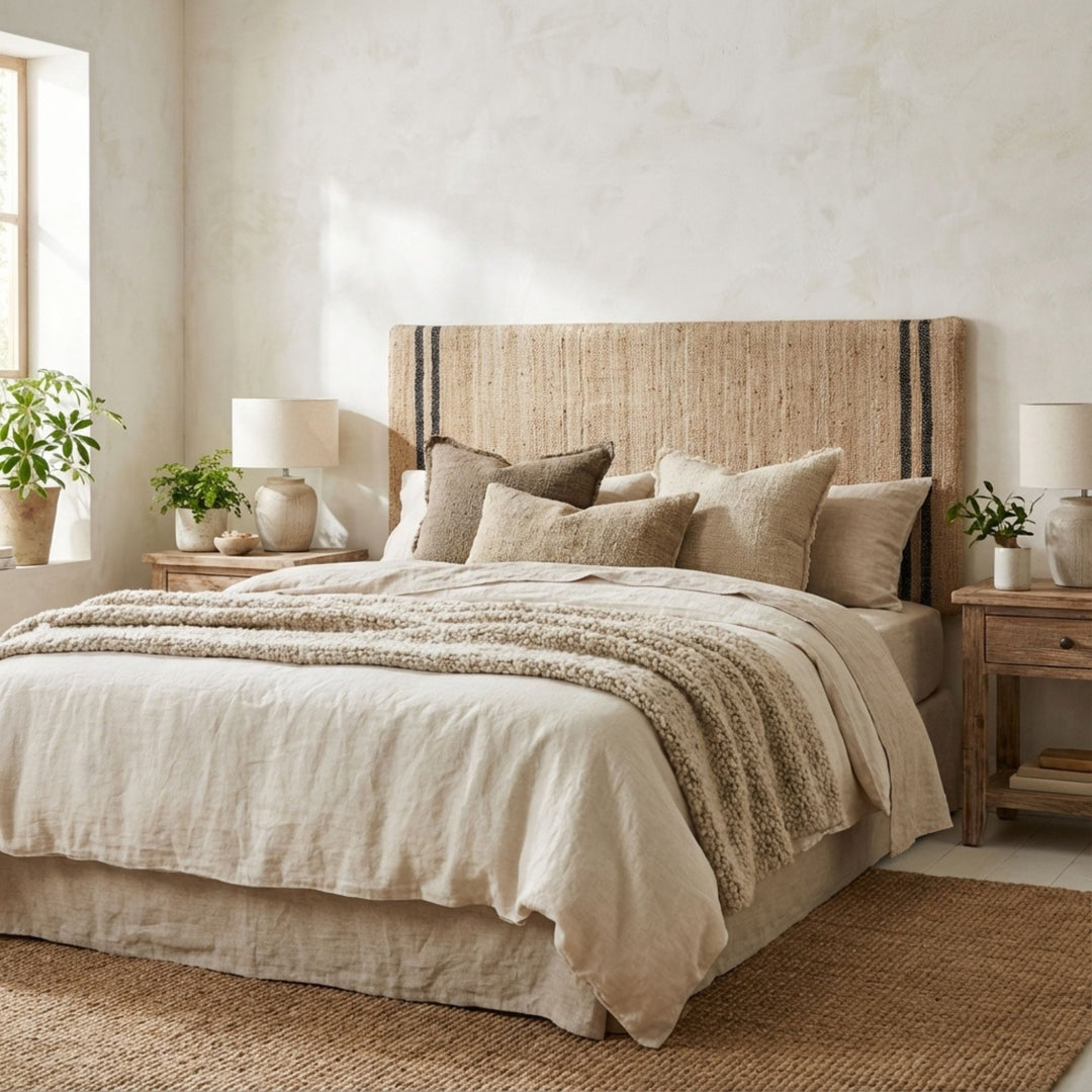 Styled bedroom interior featuring the Ghana Jute Headboard as a warm, natural focal point.