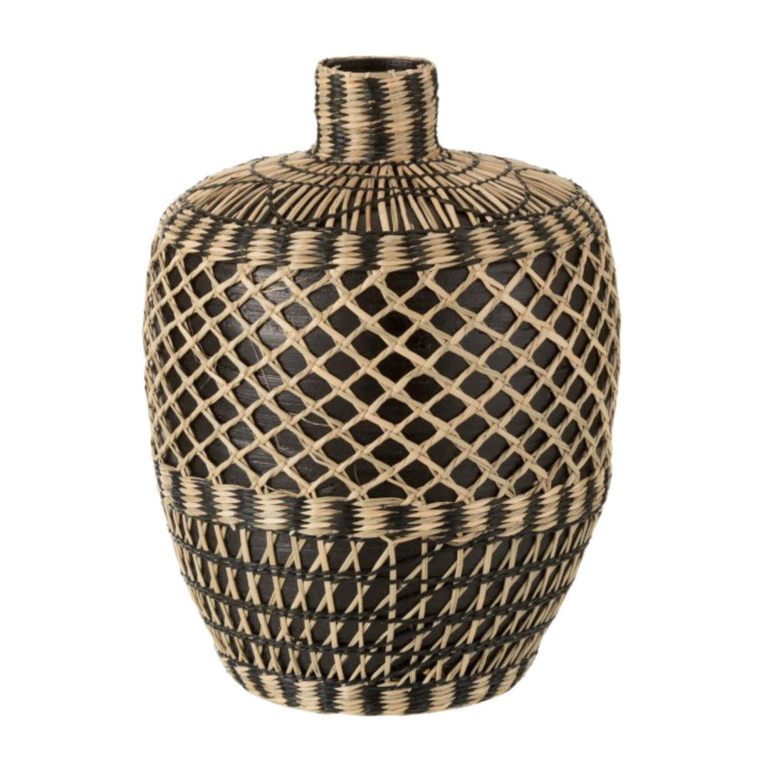 Front view of Ghana bamboo basket with black and natural weave