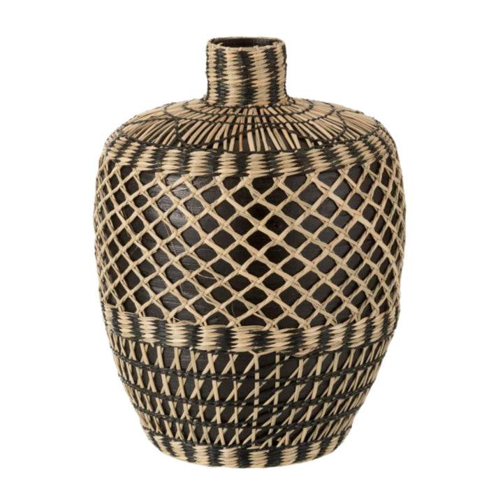 Front view of Ghana bamboo basket with black and natural weave