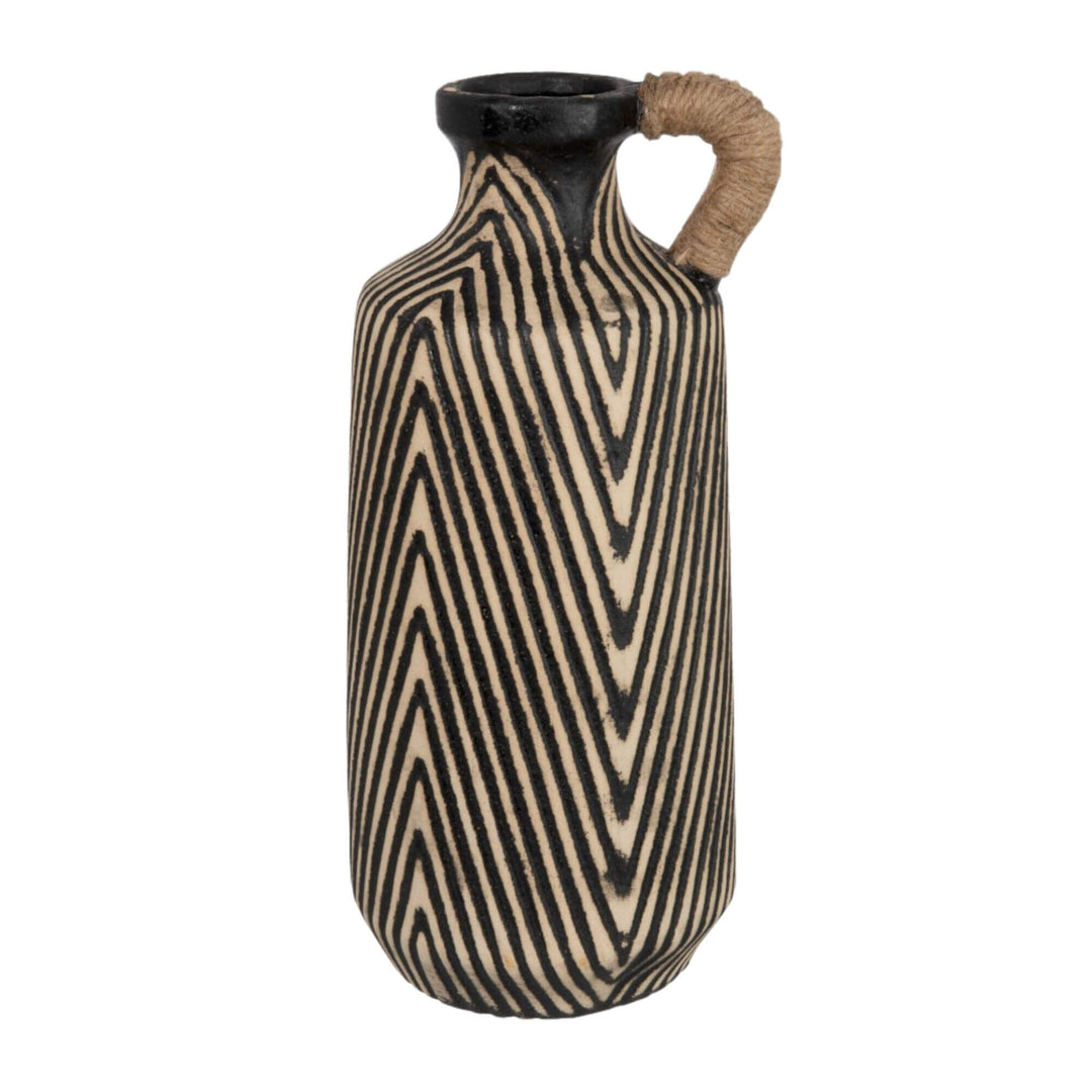 Ghana Ethnic Ceramic Vase with black and natural zigzag pattern and wrapped handle detail.