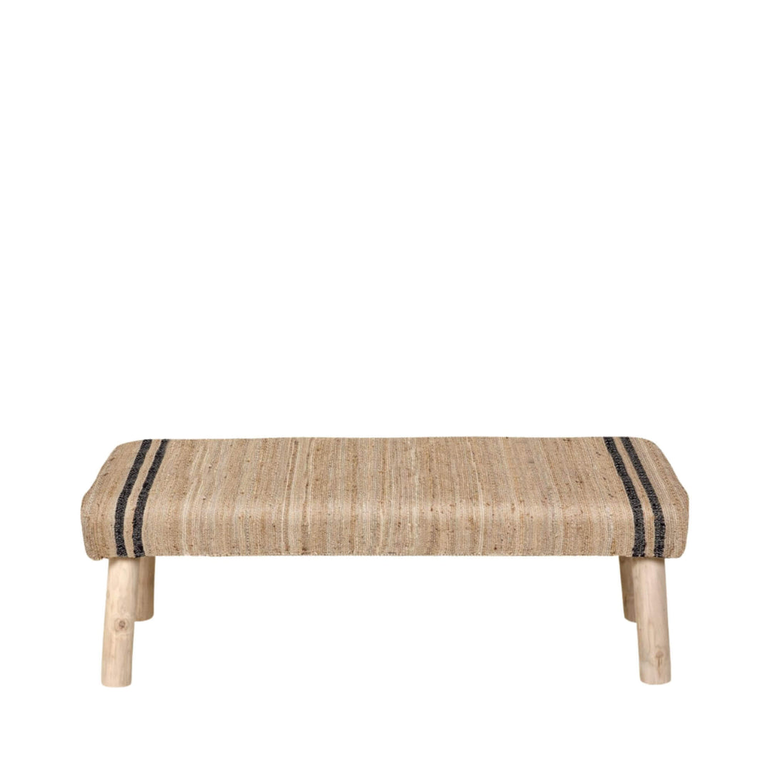 Front view of the Ghana Jute Bench with a natural woven jute seat, black stripe detail, and light wooden legs