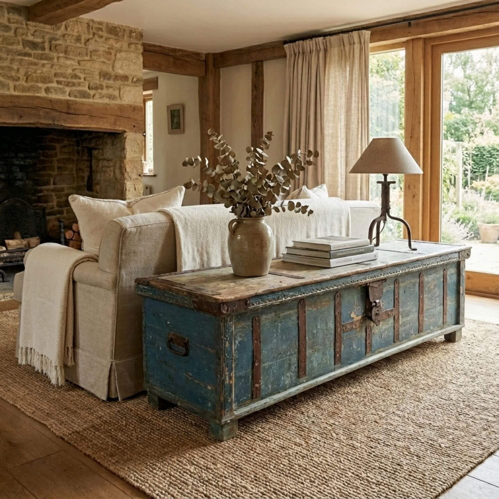 Styled living room interior featuring the Giang trunk used as a coffee table.