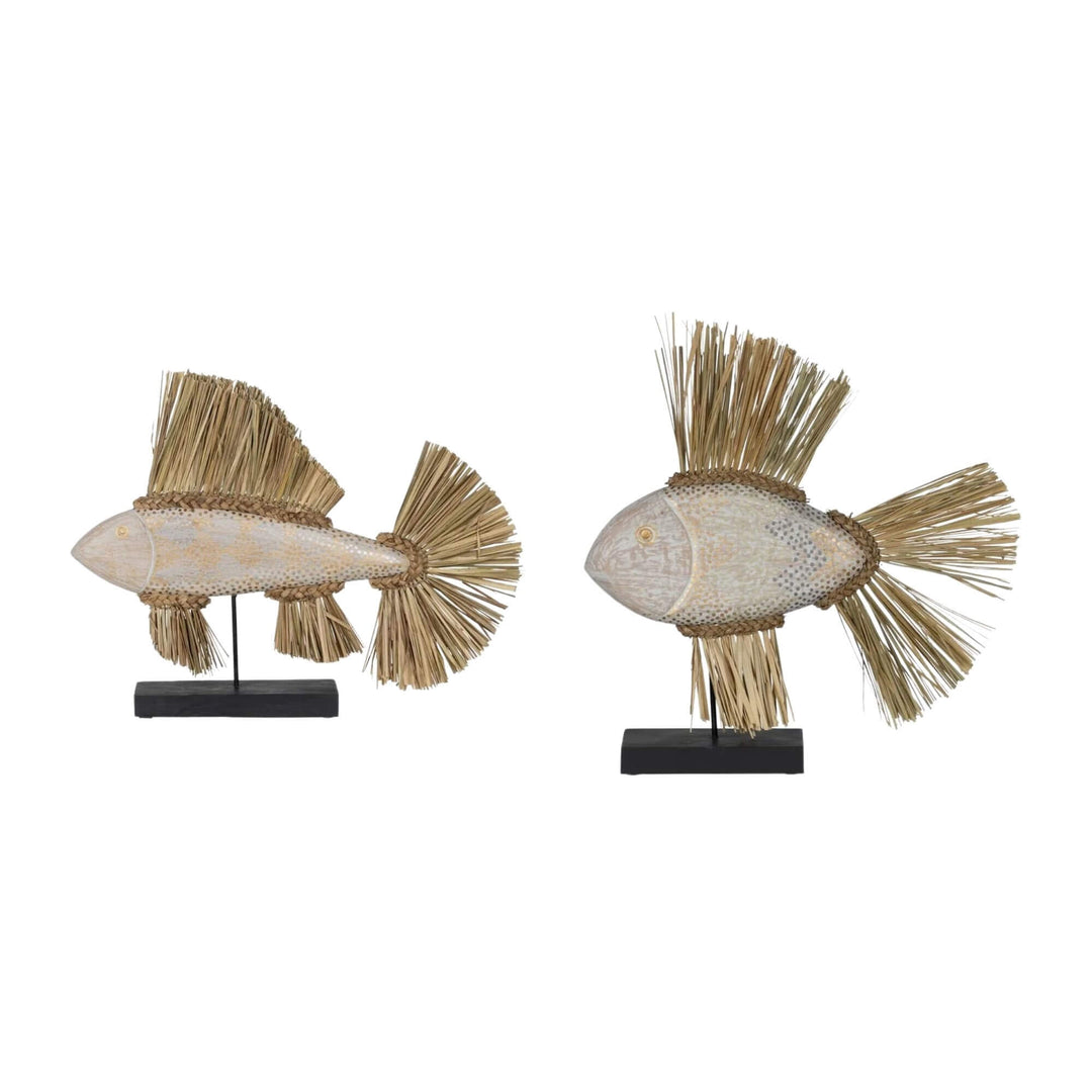 Gitega Deco Stand Fish sculpture made of wood and seagrass in natural tones.