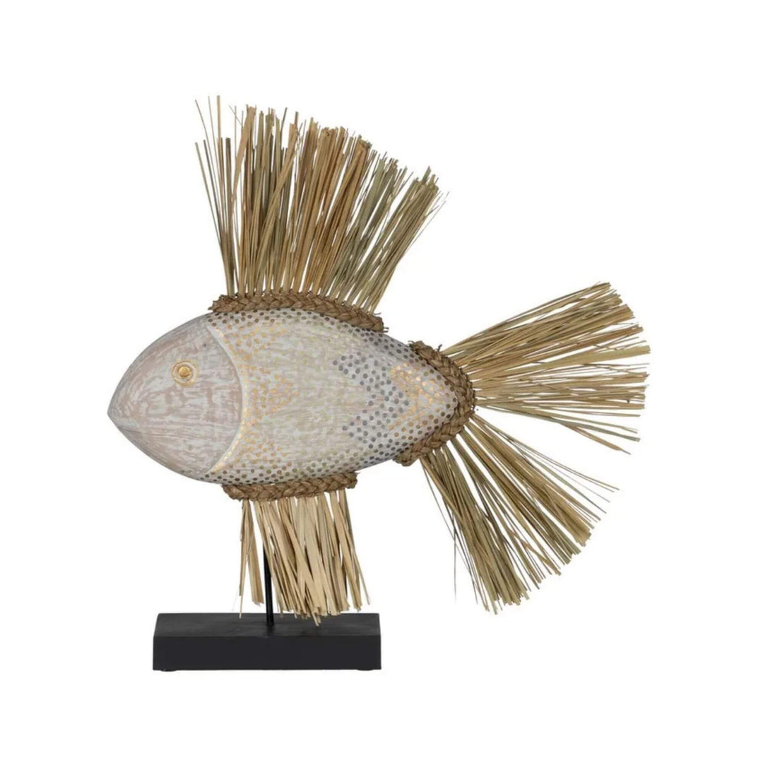 Small Gitega Deco Stand Fish sculpture made of wood and seagrass in natural tones.
