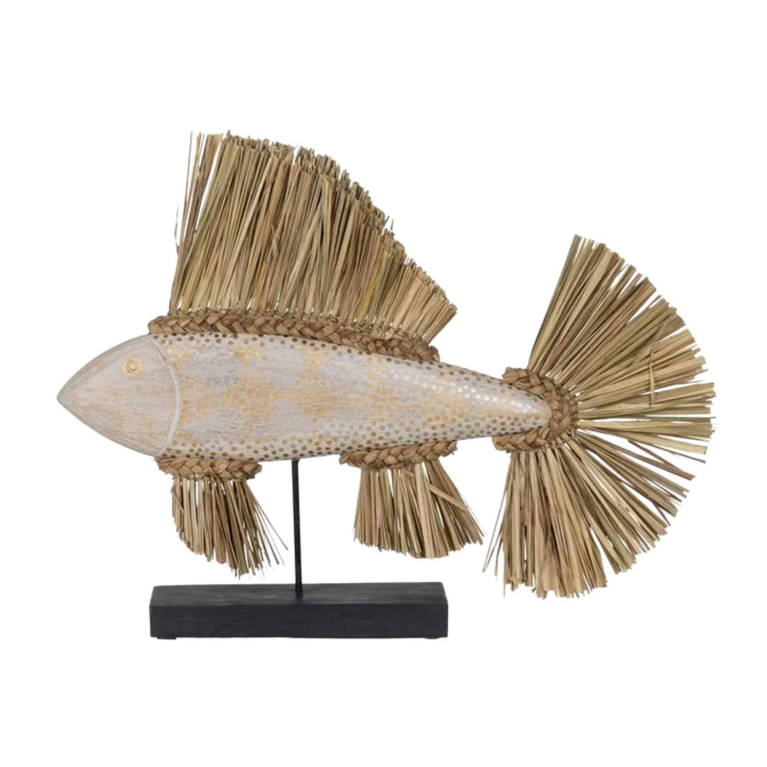 Large Gitega Deco Stand Fish sculpture made of wood and seagrass in natural tones.
