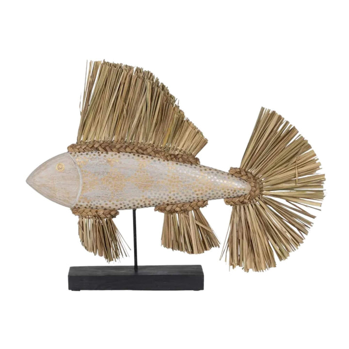 Large Gitega Deco Stand Fish sculpture made of wood and seagrass in natural tones.

