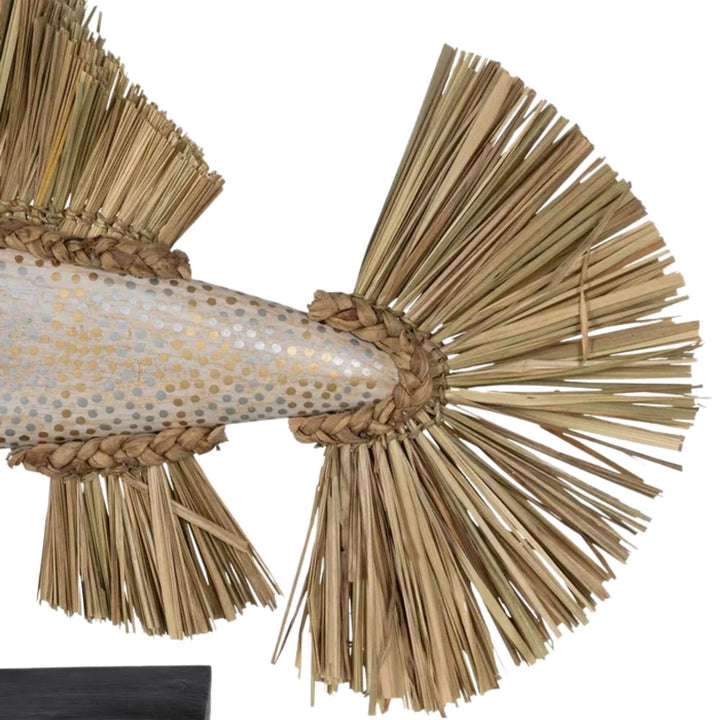 Close-up of Gitega Decorative Fish showing carved wood texture and woven seagrass fins.