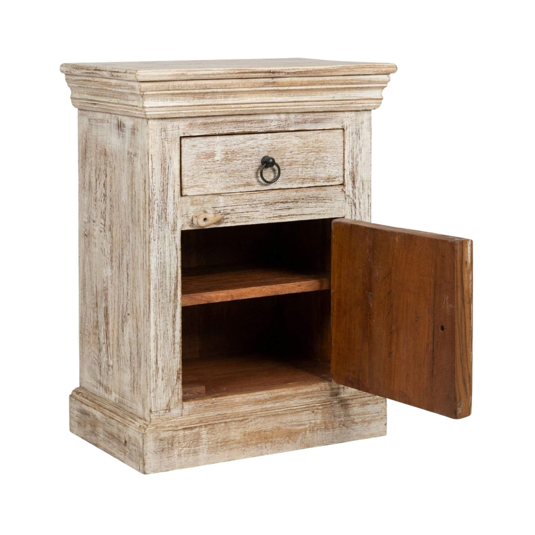 Open cabinet view of the Golden India Collection bedside table showing interior storage space.