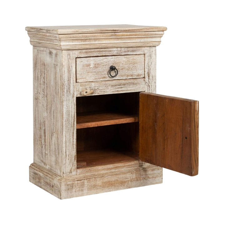 Open cabinet view of the Golden India Collection bedside table showing interior storage space.
