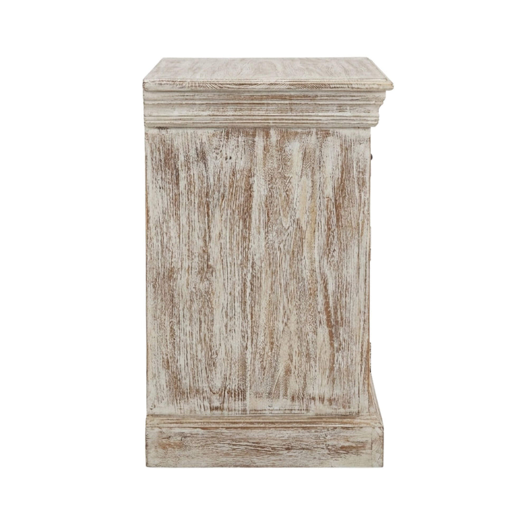Side view highlighting the aged wood finish and solid structure of the Golden India Collection bedside table.