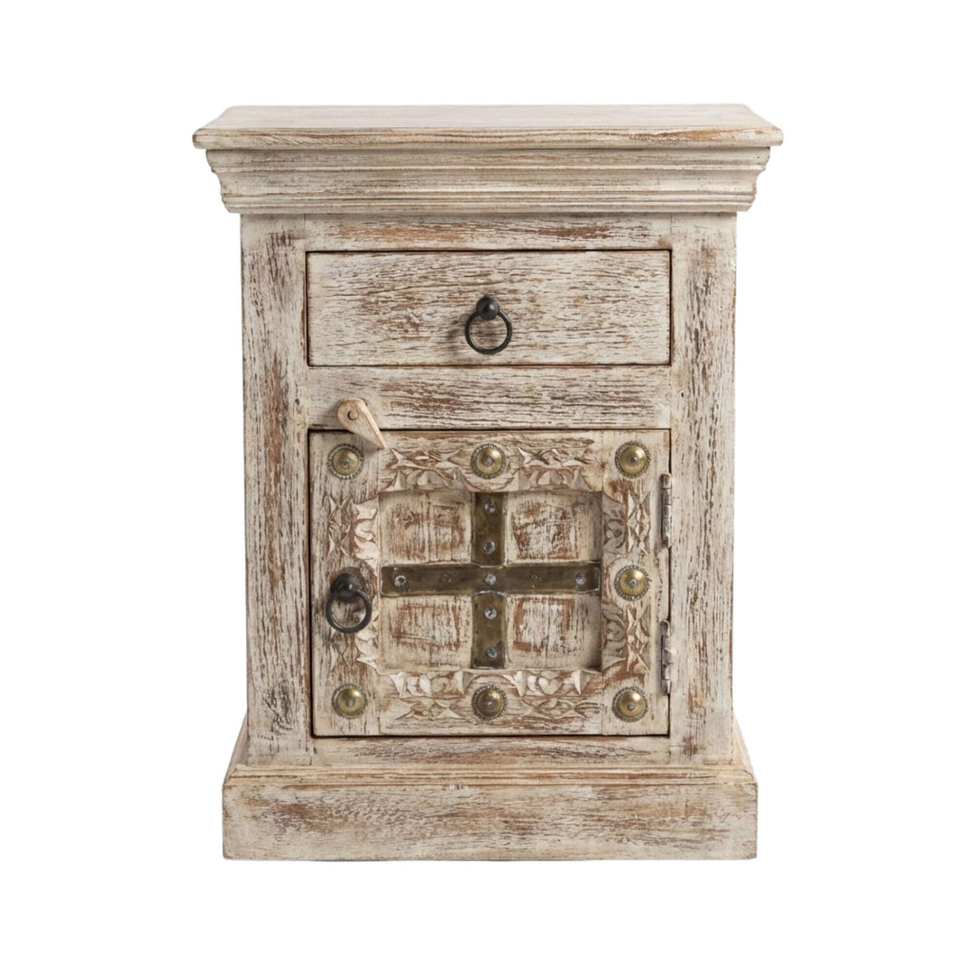 Front view of the Golden India Collection bedside table made from reclaimed wood with metal decorative details.