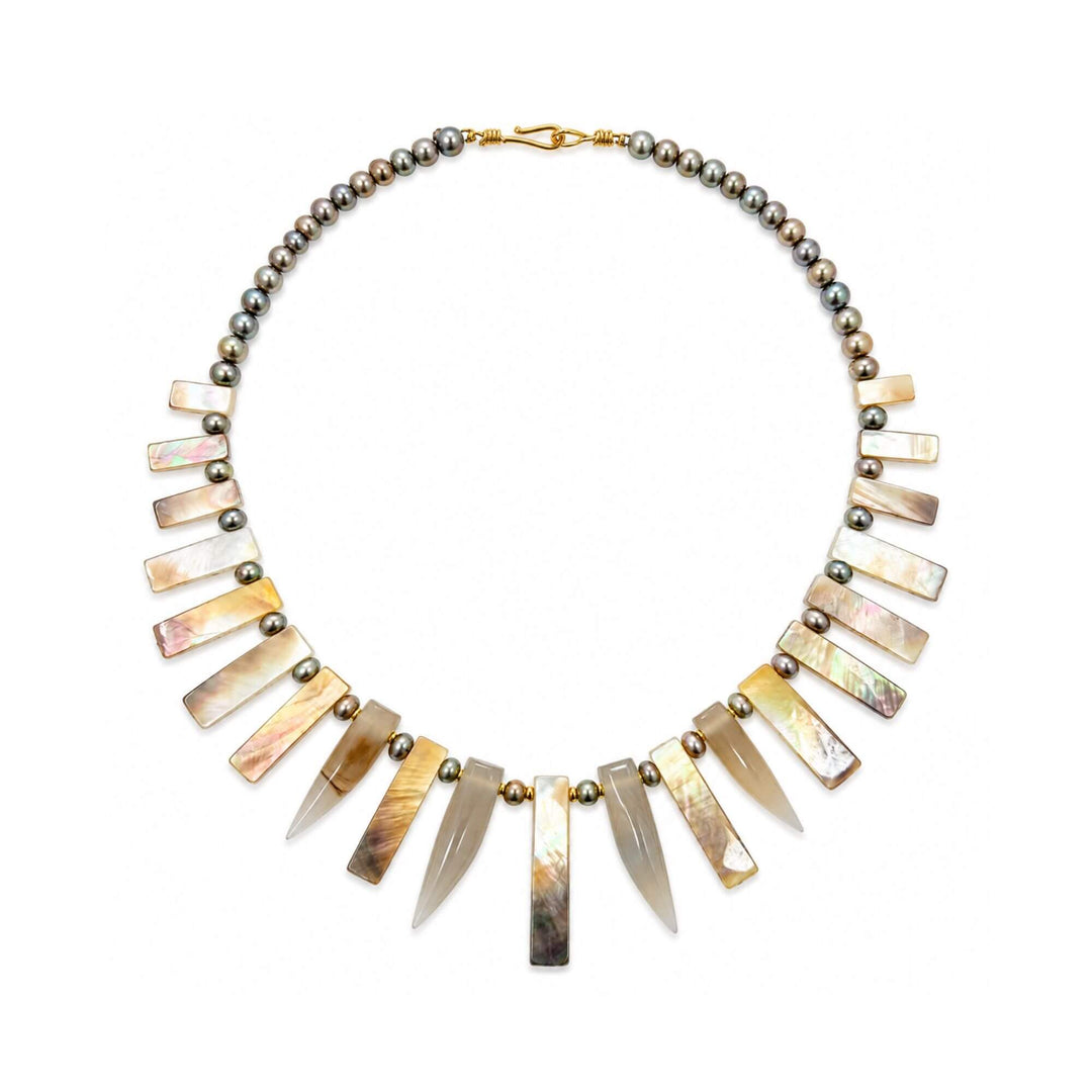 Front view of the Golden Horn Nacre Necklace with golden baroque pearls, agate and iridescent mother-of-pearl