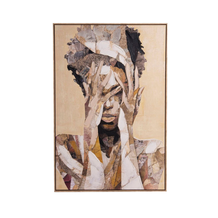 Front view of the Golden Spirit painting showing its abstract portrait composition and warm textured canvas.