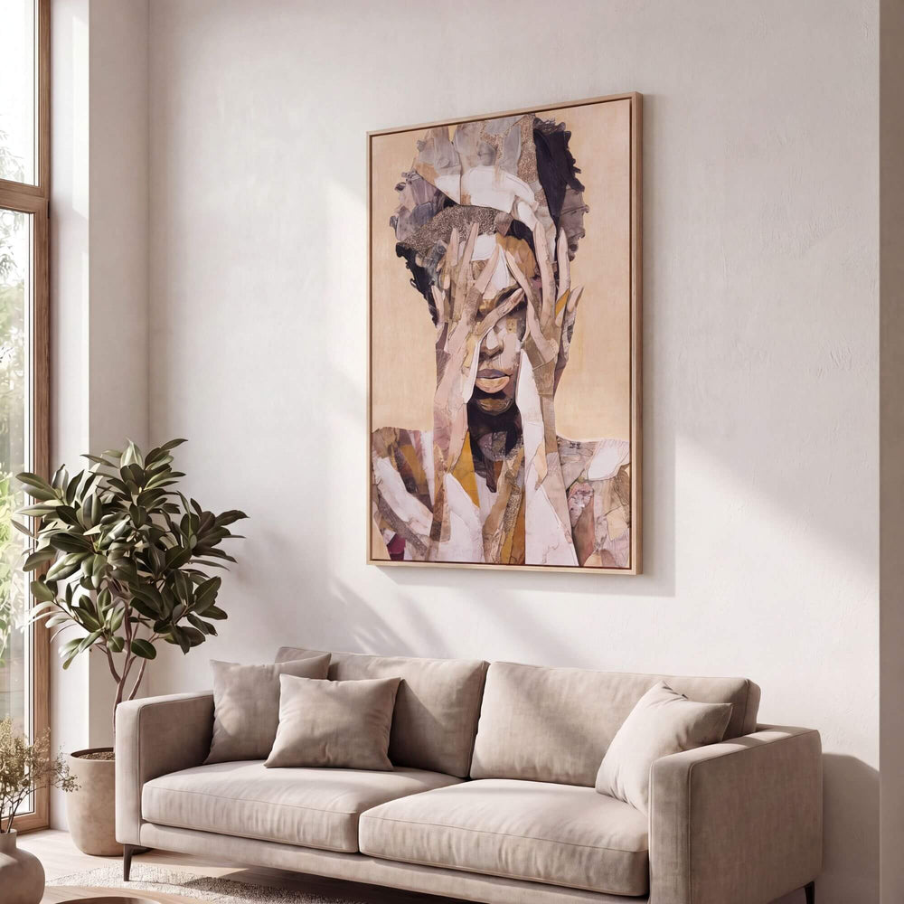 Styled living room setting featuring the Golden Spirit artwork displayed above a sofa in a soft natural interior.