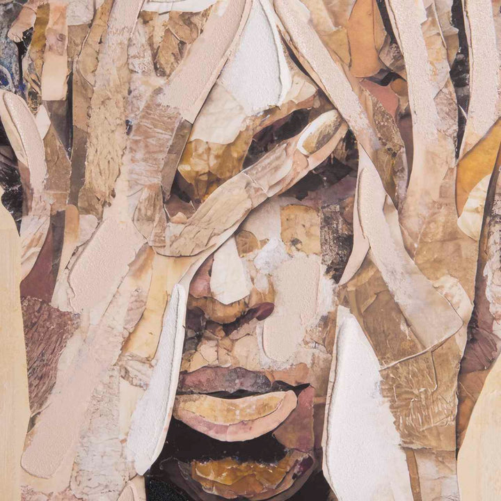 Close-up detail of the painting highlighting the expressive face and layered hand-painted abstract forms.