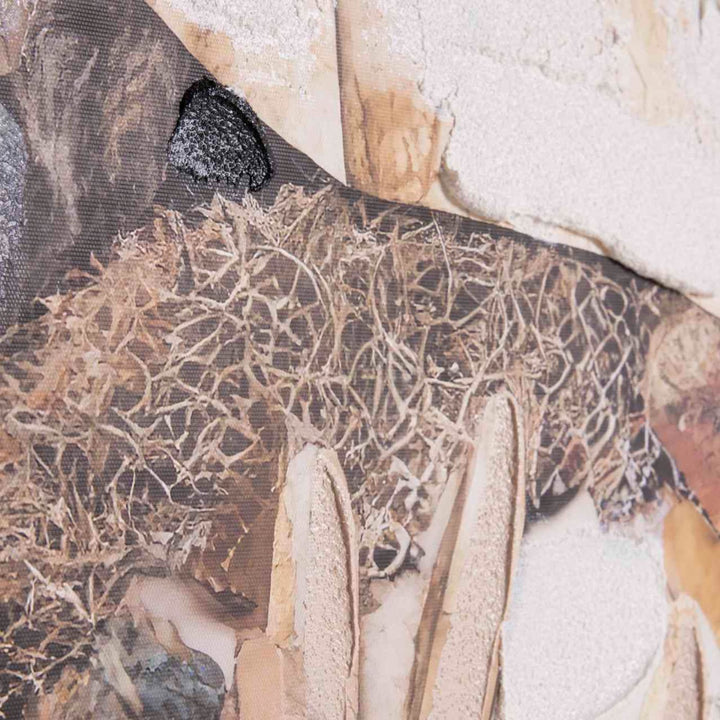 Close-up of the textured canvas surface showing the mixed materials and tactile artistic finish.