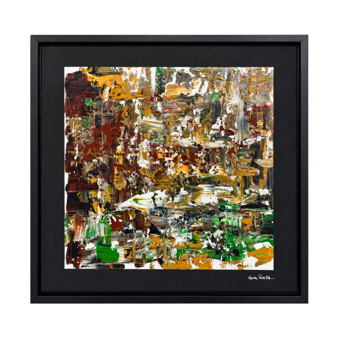 Front view of the Golden Terrain original painting by Manuel Pereyra with layered ochre, brown, green, white, and black abstract textures