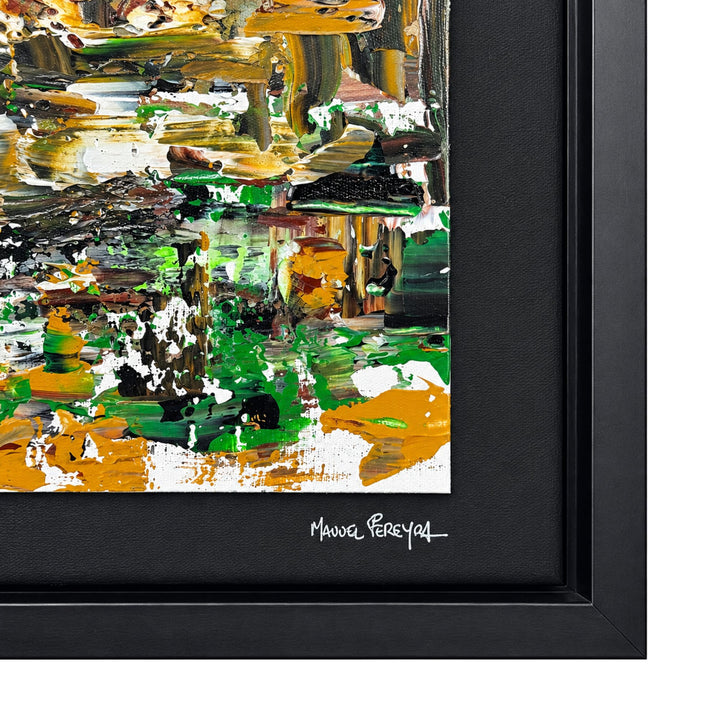 Close-up of the Golden Terrain artwork showing its textured mixed-media surface, green and ochre accents, and artist signature