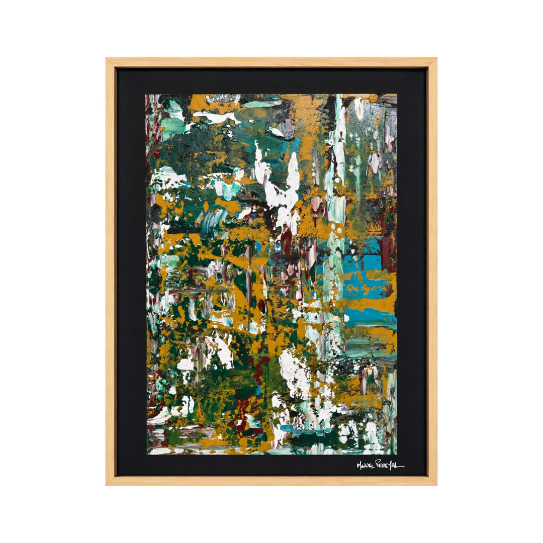 Front view of the Golden Wilderness original painting by Manuel Pereyra with layered green, turquoise, ochre, and white abstract textures