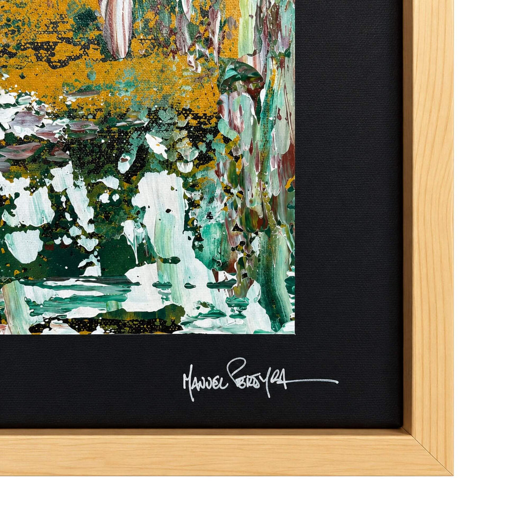 Close-up of the Golden Wilderness artwork showing its textured mixed-media surface and artist signature