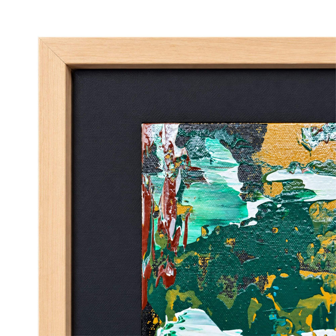 Close-up of the Golden Wilderness painting highlighting its green, turquoise, ochre, and earthy abstract brushwork