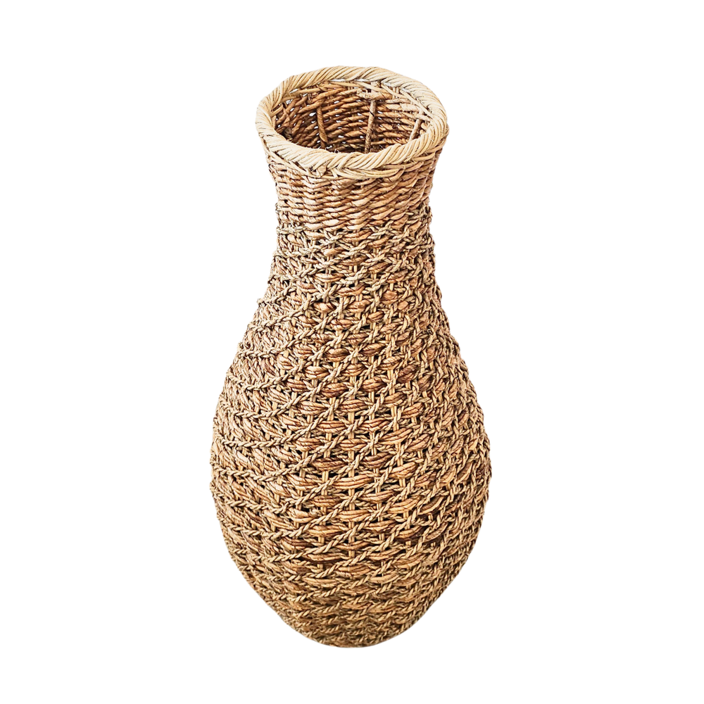 Side view of handwoven Goni basket made of raffia, rattan, and banana