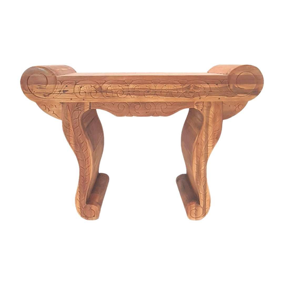 Gopala Carved Teak Wood Console Table with curved legs and natural finish, front view.