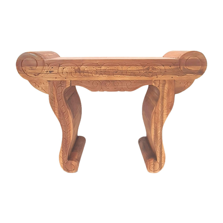 Gopala Carved Teak Wood Console Table with curved legs and natural finish, front view.