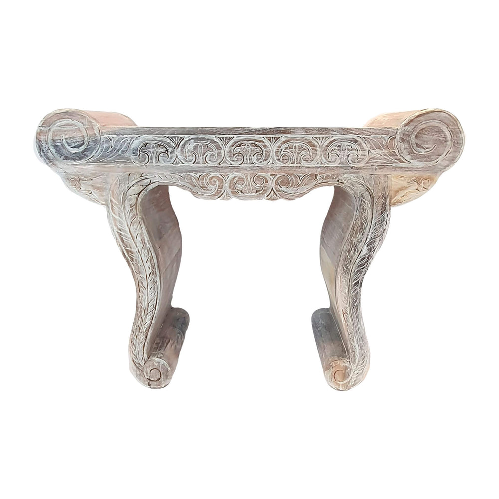 Whitewashed version of Gopala console table highlighting carved details.