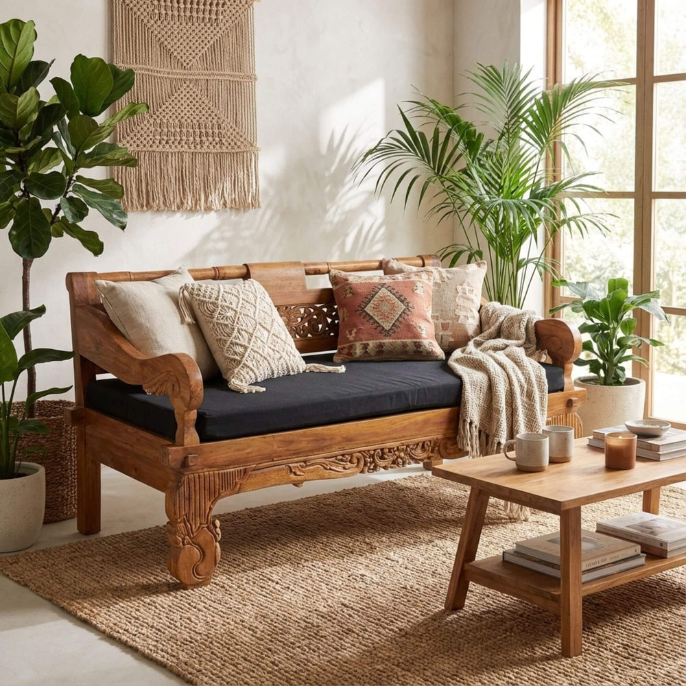 Styled interior setting featuring the Govinda daybed showcasing its handcrafted teak frame and relaxed seating design.