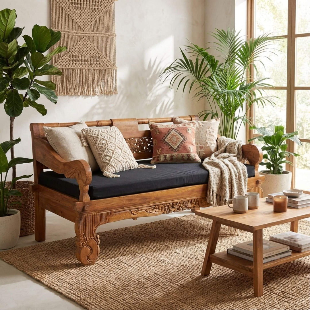 Styled interior setting featuring the Govinda daybed showcasing its handcrafted teak frame and relaxed seating design.