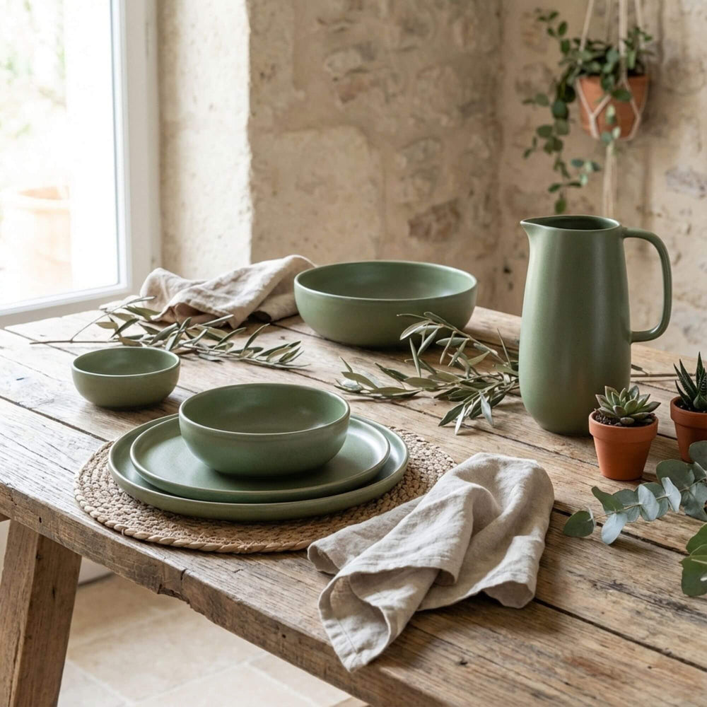 Styled dining table featuring the Green Amande ceramic tableware collection.
