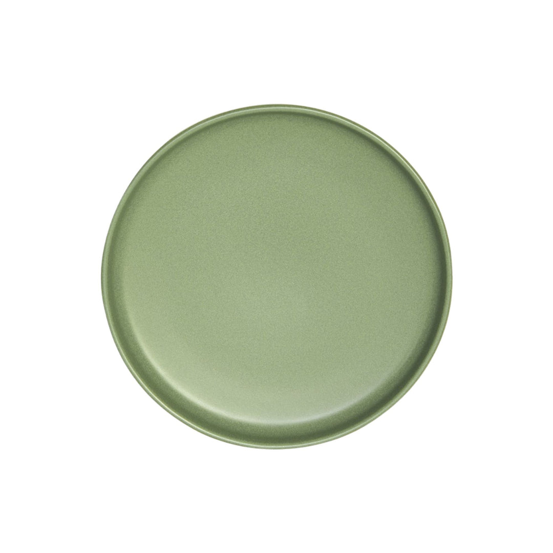 Top view of green ceramic dessert plate with smooth minimalist finish.