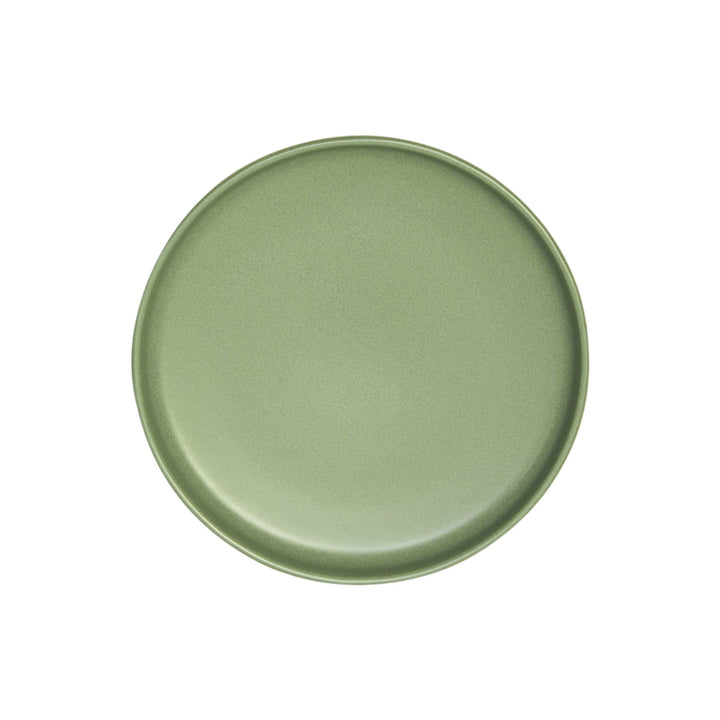 Top view of green ceramic dessert plate with smooth minimalist finish.