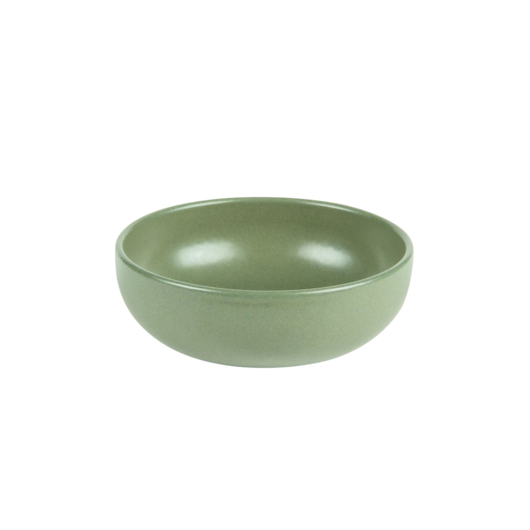 Green ceramic small bowl from the Amande collection with rounded shape.