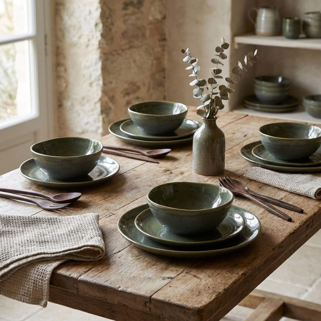 Styled dining table featuring Green Symphony ceramic dinnerware collection.