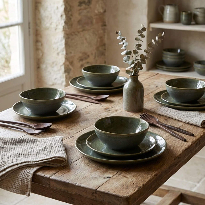 Styled dining table featuring Green Symphony ceramic dinnerware collection.