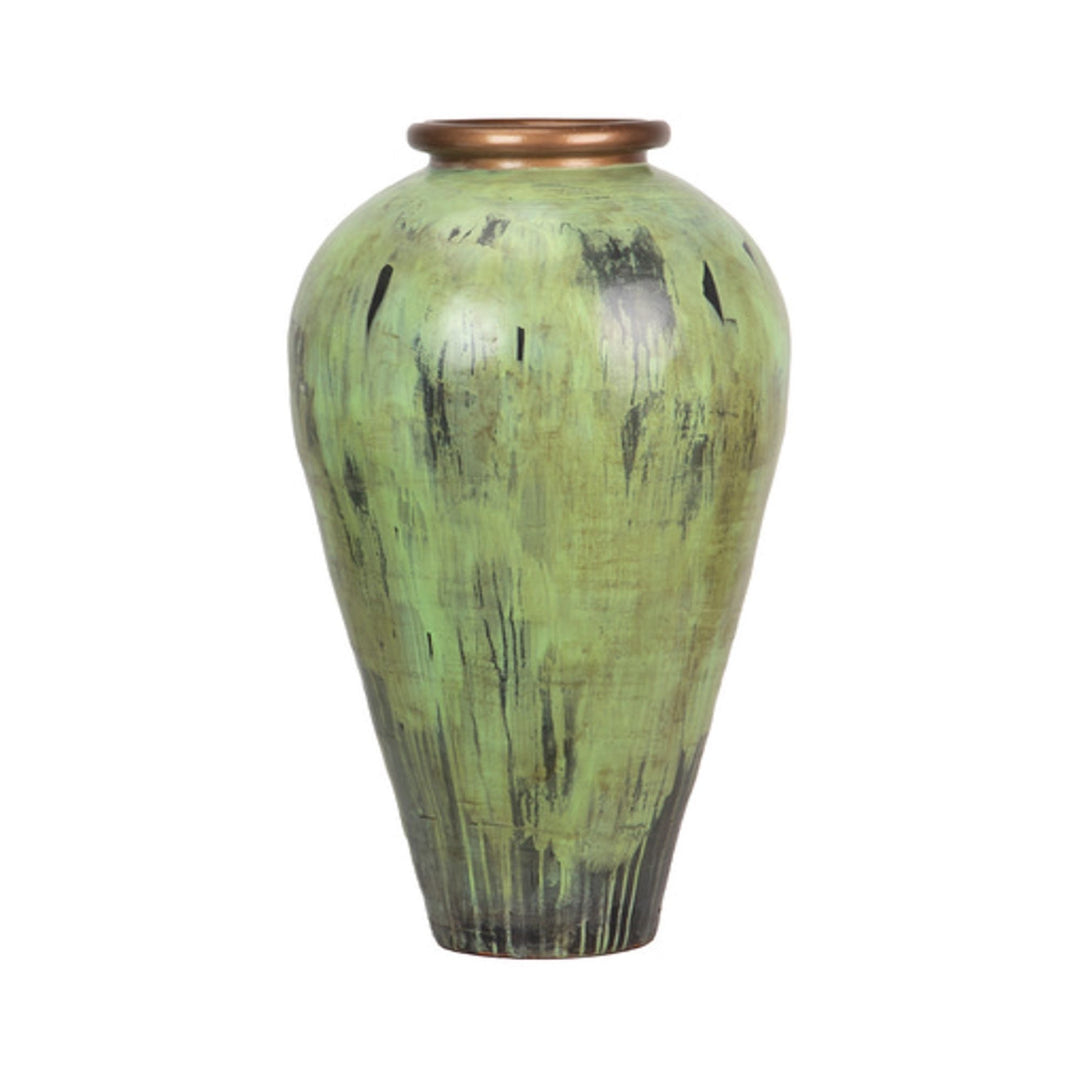 Front view of the green terracotta vase showcasing its tall shape, hand-applied patina, and rustic finish.