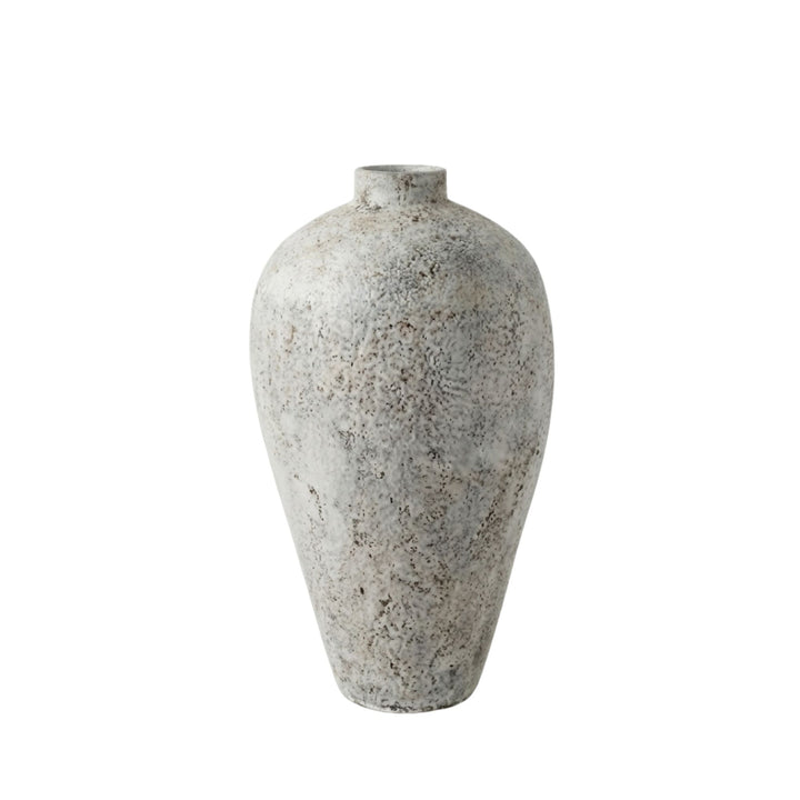 Front view of the grey antique cement vase highlighting its tall sculptural form and textured surface.
