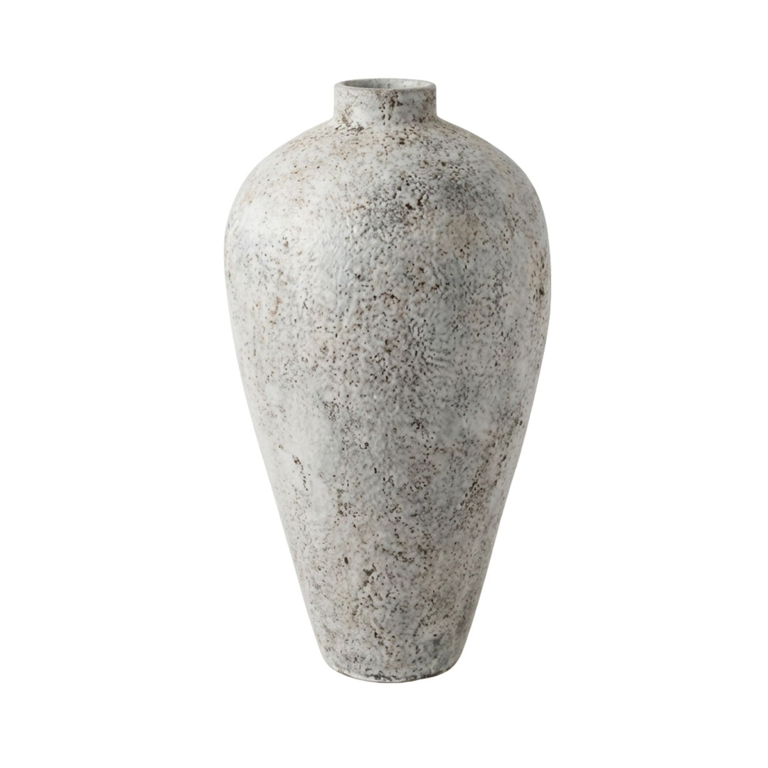 Front view of the grey antique cement vase highlighting its tall sculptural form and textured surface.