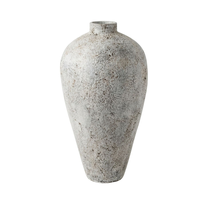 Front view of the grey antique cement vase highlighting its tall sculptural form and textured surface.