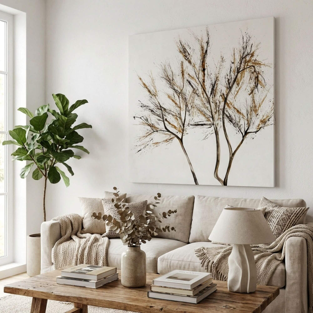 Styled living room setting featuring the Guanajuato painting above a sofa as a statement wall piece.