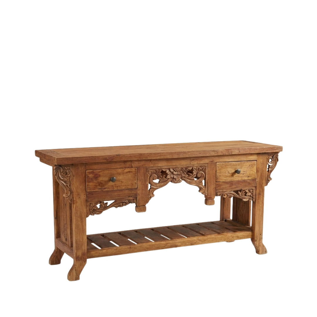 Front view of Gudrun Carved Teak Wood Console Table showcasing its intricate hand-carved details and drawers.