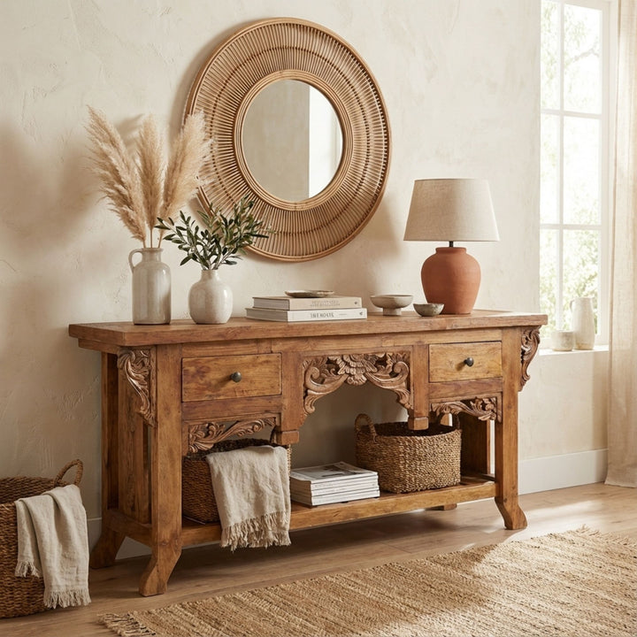 Styled interior scene featuring the Gudrun console table beneath a mirror, highlighting its warm teak tones.