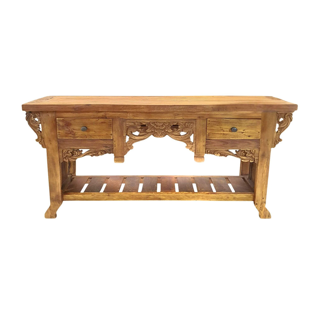 Gudrun Carved Teak Wood Console Table with ornate detailing and lower shelf, front view