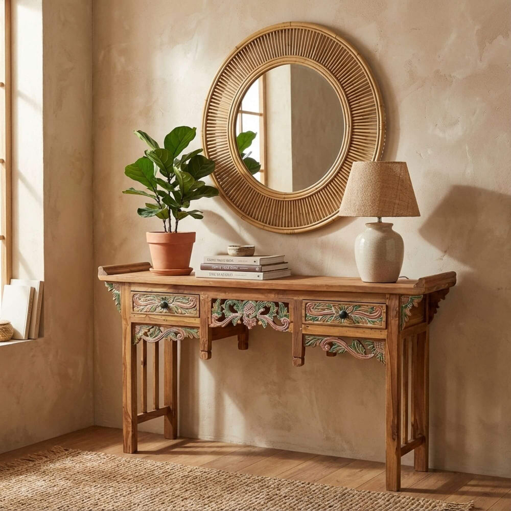Styled interior scene featuring the Gunnar console table beneath a round mirror.