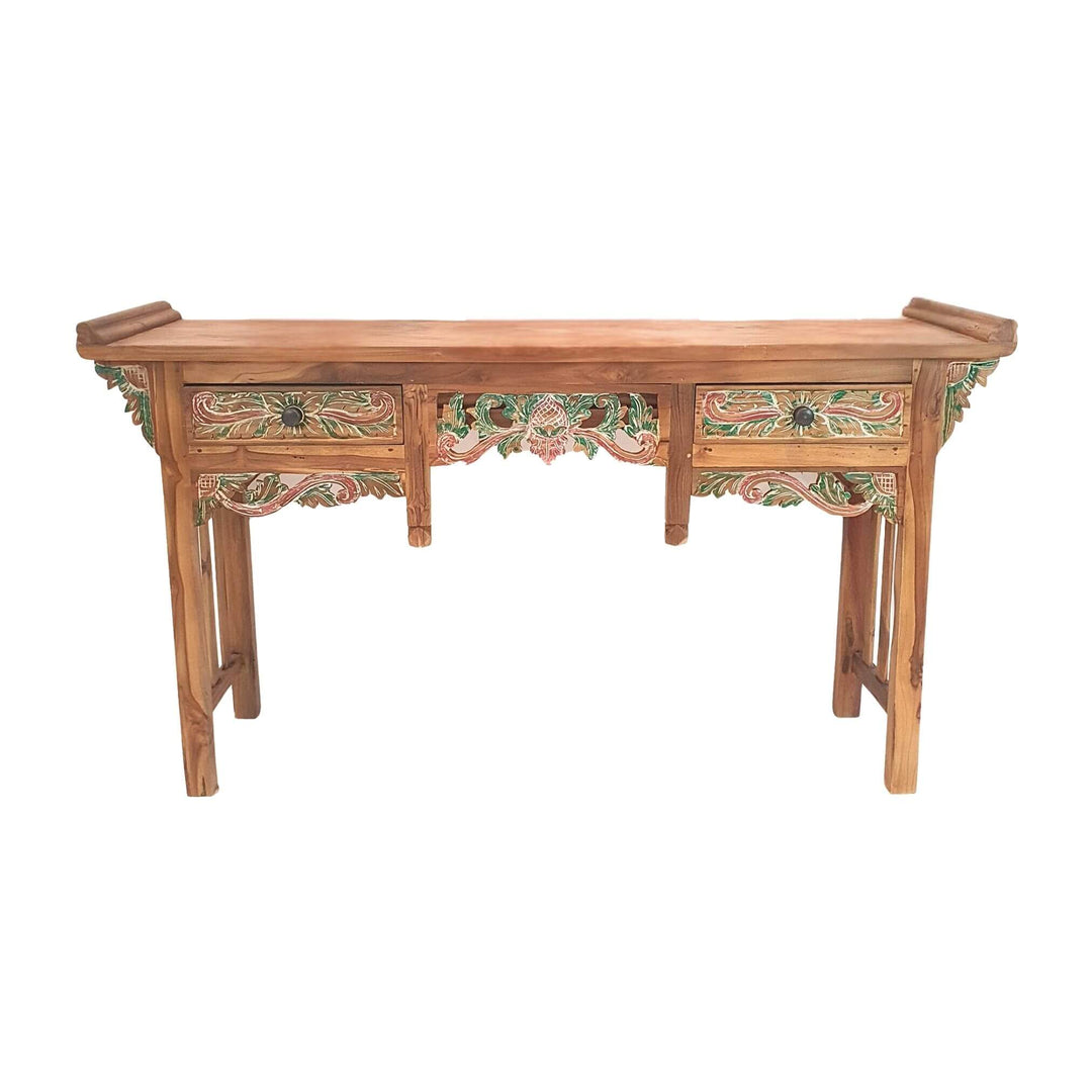GUNNAR Carved Teak Wood Console Table with floral carvings and painted accents front view