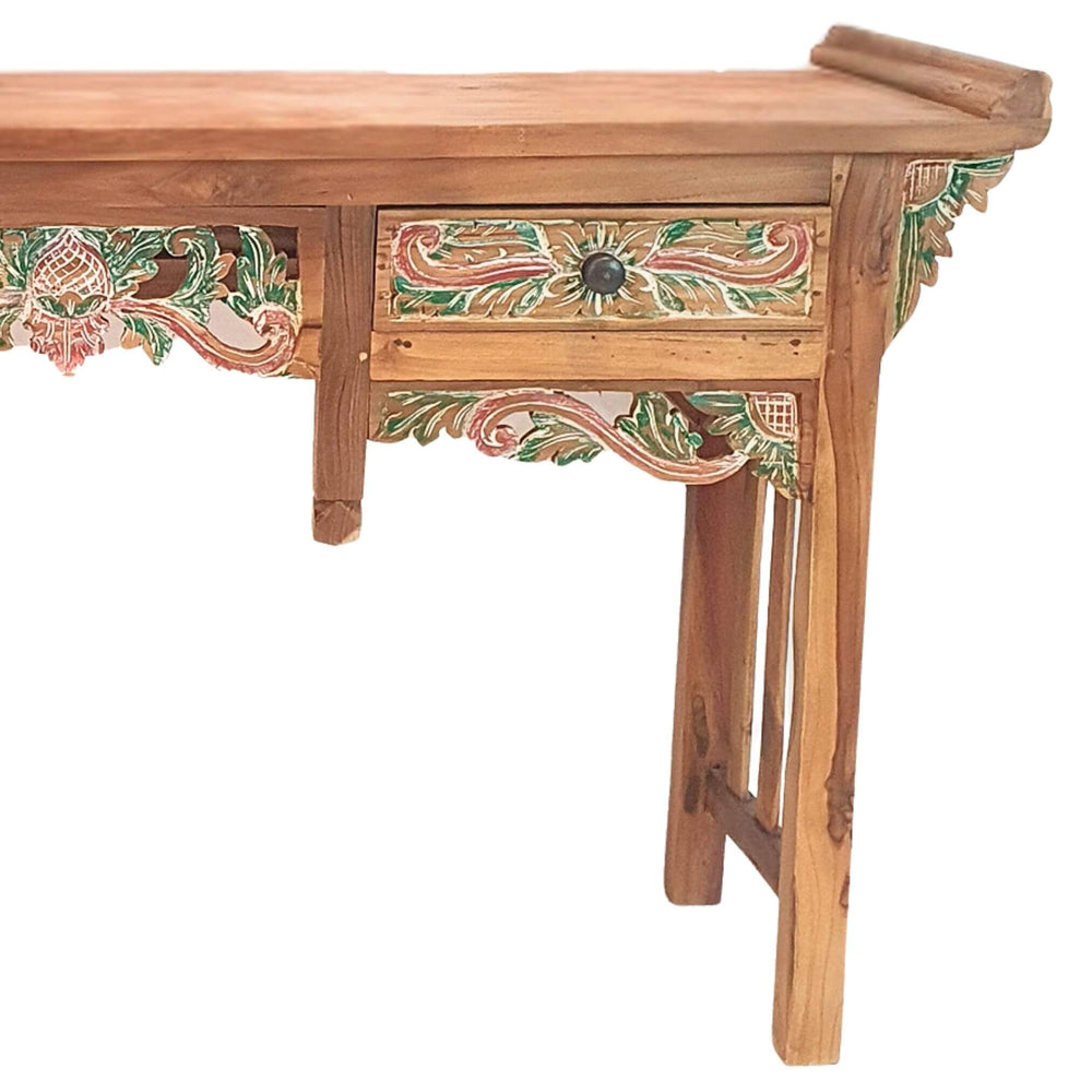 Side view of GUNNAR Carved Teak Wood Console Table showing detailed carvings and multicolor finish