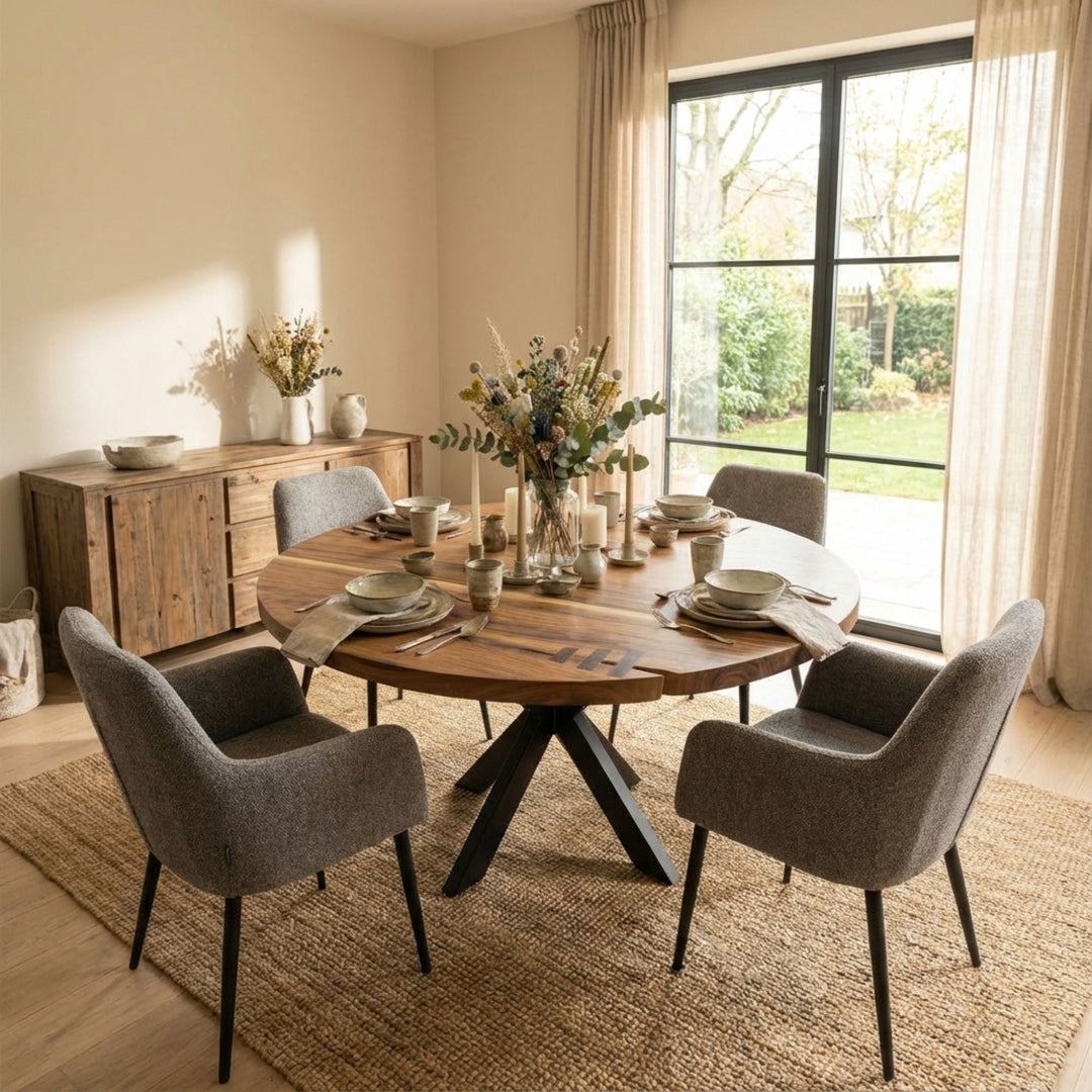 Styled living room setting featuring the gunung round suar wood dining table